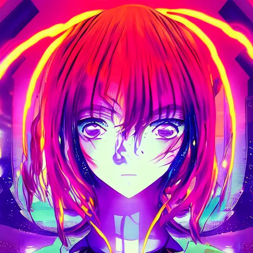 Prompt: anime girl's head splitting open, cyberpunk glitchcore synthwave art, award-winning,