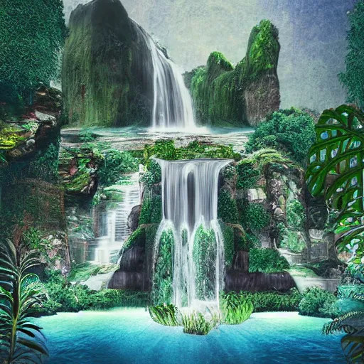 Prompt: a old Marble palace with plants and waterfalls,retrowave art,digital art