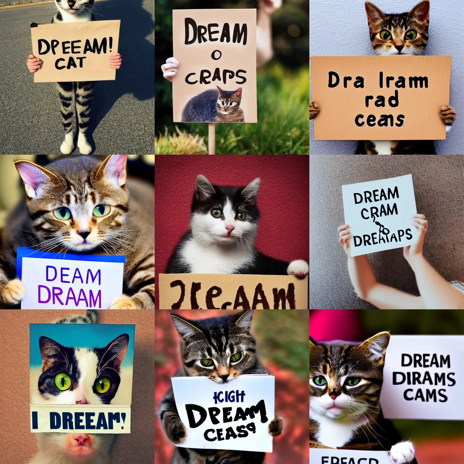 Image similar to realistic high quality photo of a cute cat holding a sign with text that reads : dream cats