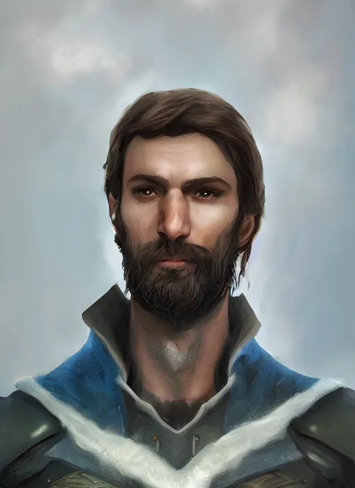 Image similar to A fantasy comic book style portrait painting of sad half elf ranger, shaggy brown hair, scruffy beard, scar on face, blue tunic, unreal 5, DAZ, hyperrealistic, octane render, cosplay, RPG portrait, dynamic lighting