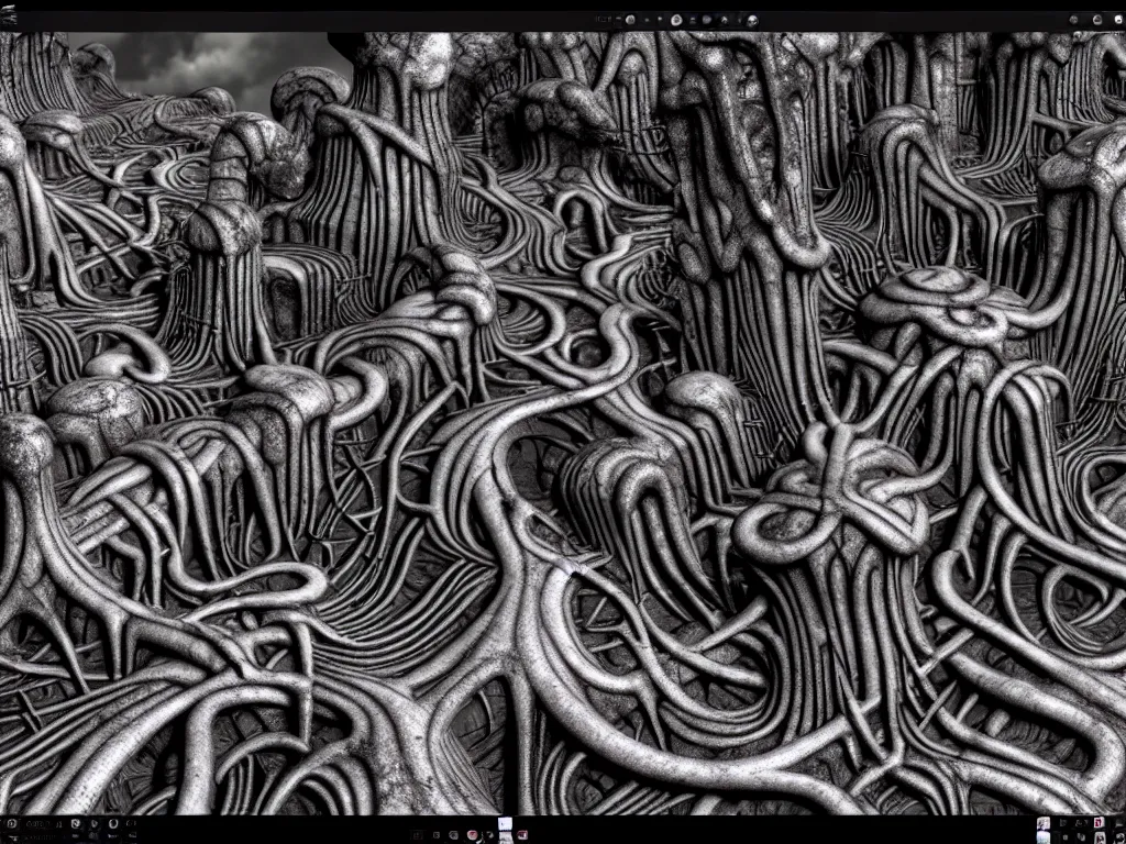 Prompt: hr giger landscape, neo surrealism, art by ernst haeckel and daniel martin diaz and mc escher, 8 k, unreal engine render