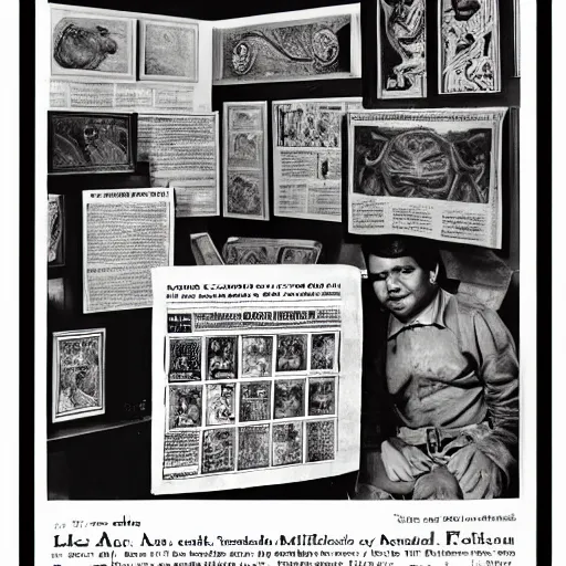 Image similar to A full page advertisement for a colonial gallery, Precolombian artifacts, masks, objects, newspaper style, black and white, Precolombian Arts magazine, 70s