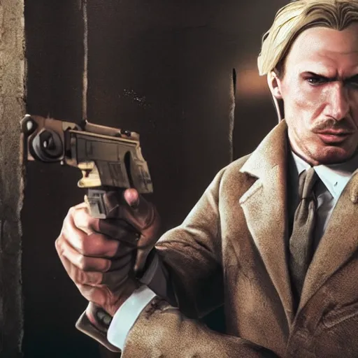 Prompt: sweating blonde Viktor Reznov from Call of Duty: World at War with a beige coat as The American Psycho, a blonde goatee, short hair, beige fedora, and sunglasses, holding a wooden AWP, photorealistic, dramatic lighting, establishing shot, The American Psycho film still