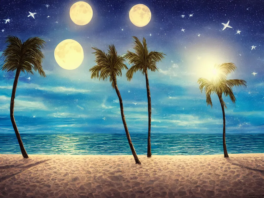 Image similar to night on a summer miami city beach, palm trees, footprints in the sand, full moon reflected in the calm ocean, starry sky 8 k, ultra detailed, trending on artstation, digital painting