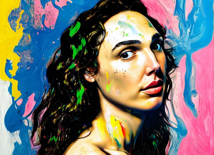 Image similar to portrait of gal gadot, by vincent lefevre and hernan bas and pat steir and hilma af klint, psychological, photorealistic, dripping paint, washy brush, rendered in octane, altermodern, masterpiece