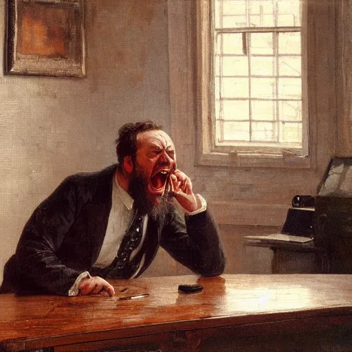 Image similar to an angry man yells at his computer monitor, oil on canvas, 1 8 8 3, highly detailed, high resolution