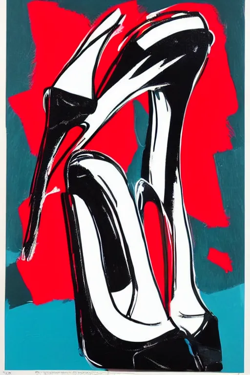 Image similar to black high heels with red bottoms, illustration, graphic design, high fashion, wall art, elegant, in the style of andy warhol,