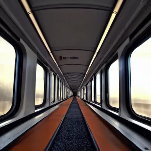 Image similar to a inside of a train hallway the train hallway is empty and train is moving the window view is a sunset view of a beautiful landscape