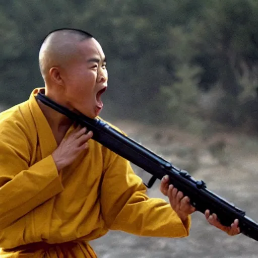 Image similar to a shaolin monk in the army, screaming and firing an automatic rifle