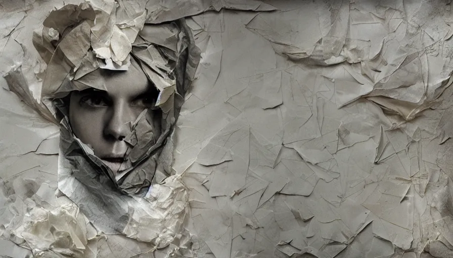 Prompt: rendered in blender trash bag on his head and crumpled paper as a texture, collage paper and tape, slit - scan photography, high resolution, cinematic, unreal 6, breathtaking detailed