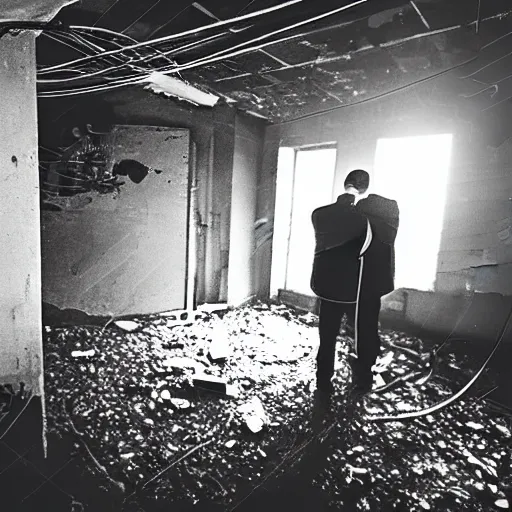 Prompt: two men in black, looking at a bright light in the dark grimy grungy basement of an abandoned apartment block, wires, cables, grainy black and white photography