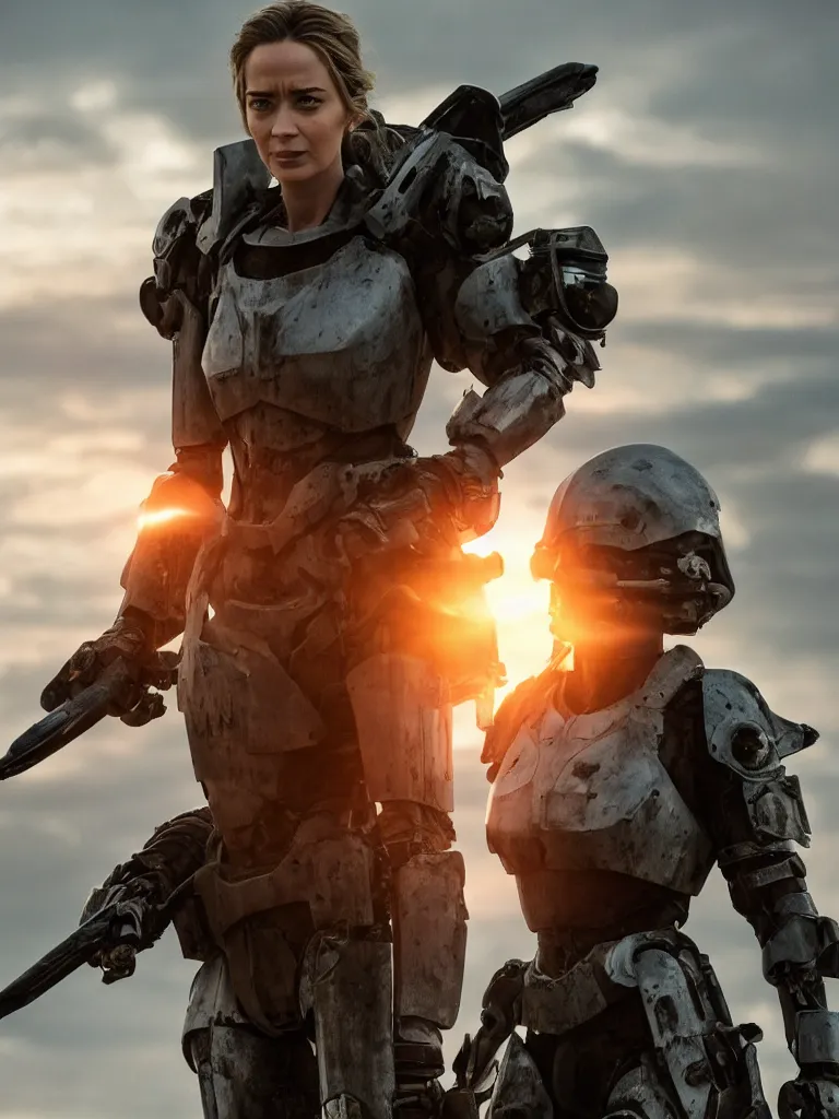 Prompt: emily blunt in futuristic power armor, standing on a hill, holding a sword, edge of tomorrow, angel of verdun, sunset