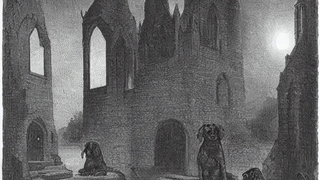 Image similar to a demon dog standing at the entrance of a church at night, lightning, old black shuck