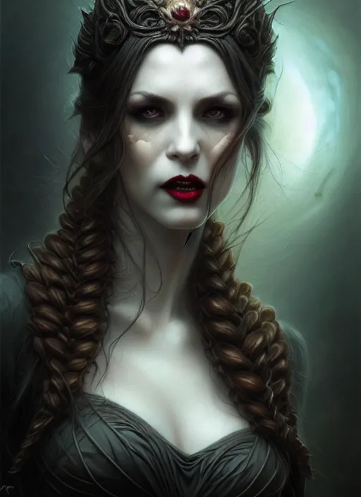 Image similar to portrait shot of a female vampire, intricate, elegant, highly detailed, centered, digital painting, artstation, concept art, smooth, sharp focus, illustration, artgerm, tomasz alen kopera, peter mohrbacher, donato giancola, joseph christian leyendecker, wlop, boris vallejo