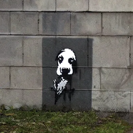 Image similar to banksy stencil graffiti of a dog in a trench