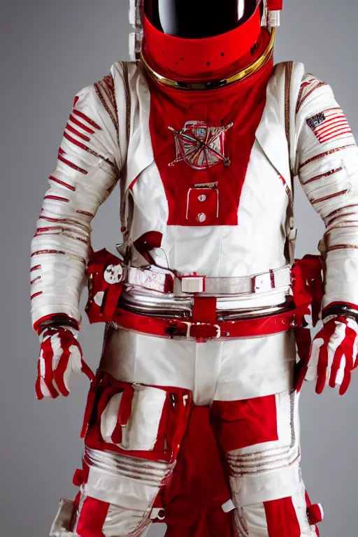 Image similar to a photography of red and white space suits designed for knights templar, golden linings, photo shoot, by annie leibovitz, sigma 85mm 1.4, glows, sharp, high contrast, octane render