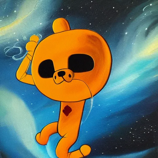 Prompt: jake the dog floating in space, romantic oil painting, dark, melanchonic, adventure time