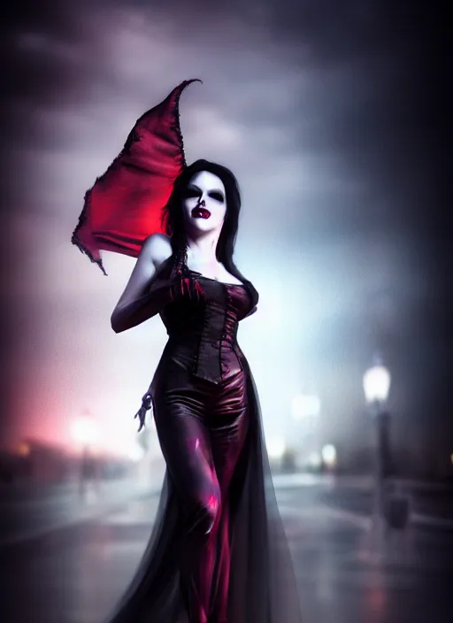 Image similar to realistic matte painting, full length portrait, the duchess of blood owns the las vegas strip, vampire, night, fangs, highly detailed, CGsociety, concept art, HDR, hyper realistic, volumetric lighting, subsurface scattering, unreal