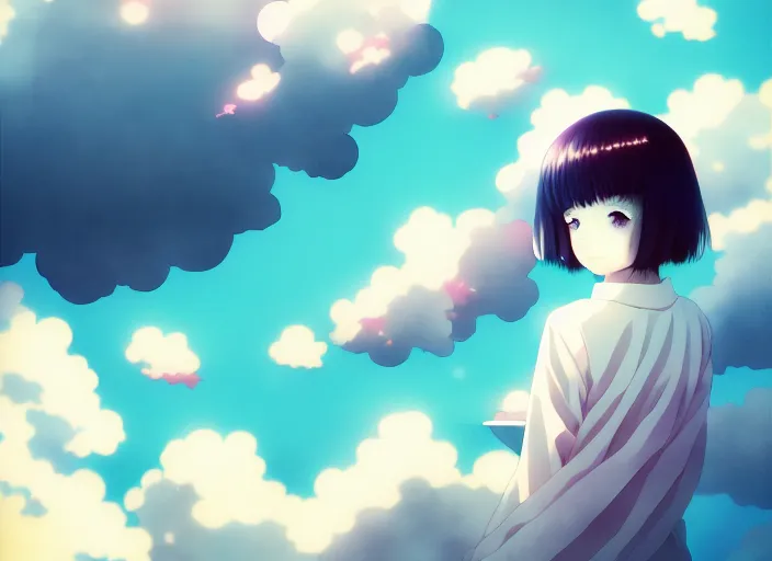 Image similar to anime a young a girl floating inside clouds,ink, Karolis Strautniekas,omoide emanon, tsuruta kenji, murata range,kawaii, kyoto animation, manga, intricate, detailed, studio lighting, gradation,editorial illustration, matte print, Ilya Kuvshinov