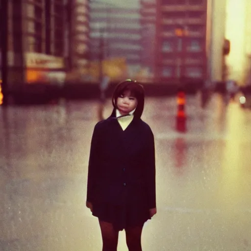 Image similar to 1990s perfect 8K HD professional cinematic photo of close-up japanese schoolgirl posing in postapocalyptic cityscape, at evening during rain, at instagram, Behance, Adobe Lightroom, with instagram filters, depth of field, taken with polaroid kodak portra