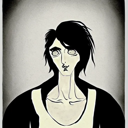 Image similar to young man portrait, black hair, skinny, sleep deprived, corpse bride art style