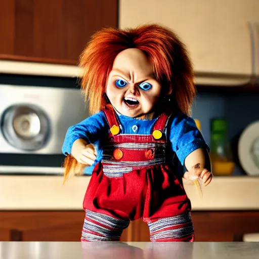 Image similar to chucky the killer doll standing on the kitchen table