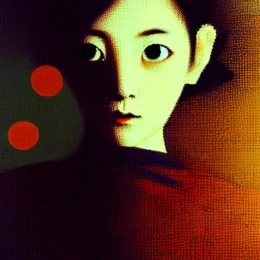 Image similar to yoshitaka amano blurred and dreamy realistic three quarter angle portrait of a young woman with short hair and black eyes wearing office suit with tie, junji ito abstract patterns in the background, satoshi kon anime, noisy film grain effect, highly detailed, renaissance oil painting, weird portrait angle, blurred lost edges