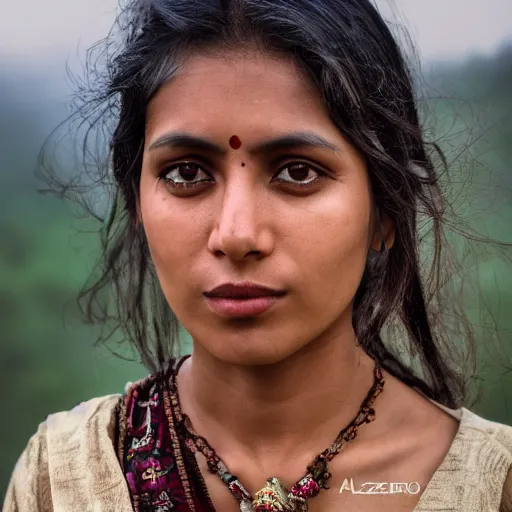 Image similar to a portrait of a stunningly beautiful nepali female, dark eyes, dark hair, olive skin, depth of field, zeiss lens, detailed, centered, artstation, fashion photoshoot, by Annie Leibovitz and Steve McCurry, David Lazar, Jimmy Nelsson, Breathtaking, 8k resolution, extremely detailed, beautiful, establishing shot, artistic, hyperrealistic, beautiful face, octane render