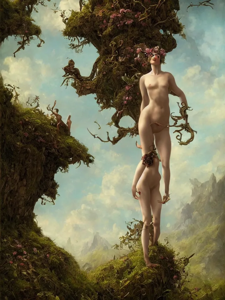 Prompt: a beautiful lush landscape of a the most beautiful satyr in a field are of broken stone words, hyperrealistic, award-winning, masterpiece, in the style of Tom Bagshaw, Cedric Peyravernay, Peter Mohrbacher