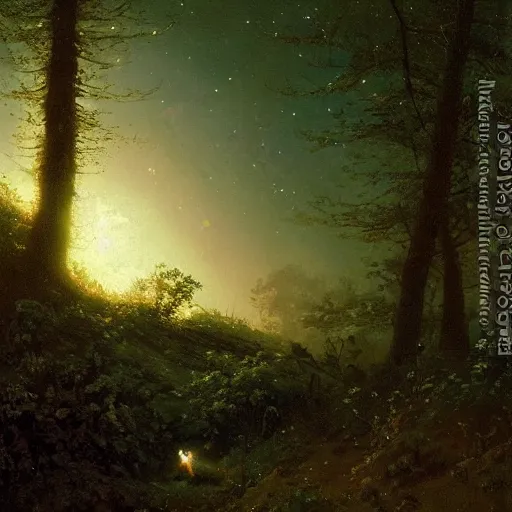 Image similar to an oil painting of a hedgehod sitting in a moonlit forrest with a clear sky and visible stars. By carl spitzweg tuomas korpi and greg rutkowski