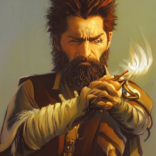 Prompt: beautiful portrait painting of a very short and small male halfing bard with white hair, full beard, extremely irritated, agitated, from pathfinder, evil smirk, narcissist, self centered, casting fireball, painted by larry elmore, wayne reynolds, greg rutkowski, magic the gathering, dungeons and dragons, dishonored 2