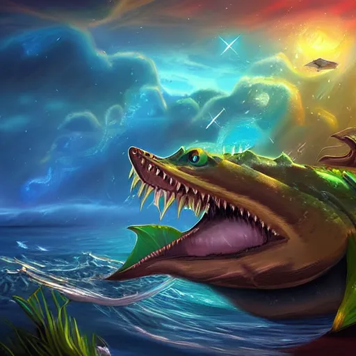 Prompt: 🦈 🐊 🐈 , fantasy digital art, magical background in the style of hearthstone artwork