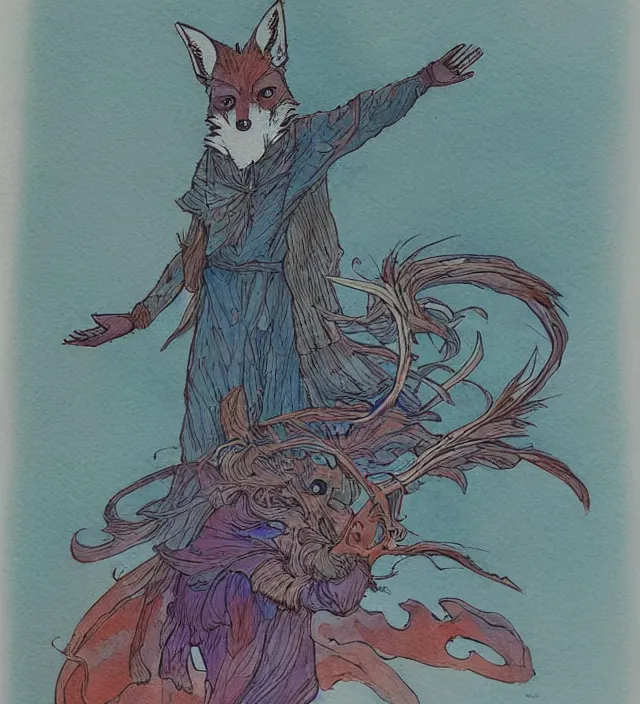 Image similar to a 3 / 4 view watercolor ink painting of a humanoid fox sorcerer / wizard casting a spell in the style of jean giraud in the style of moebius trending on artstation deviantart pinterest detailed realistic hd 8 k high resolution