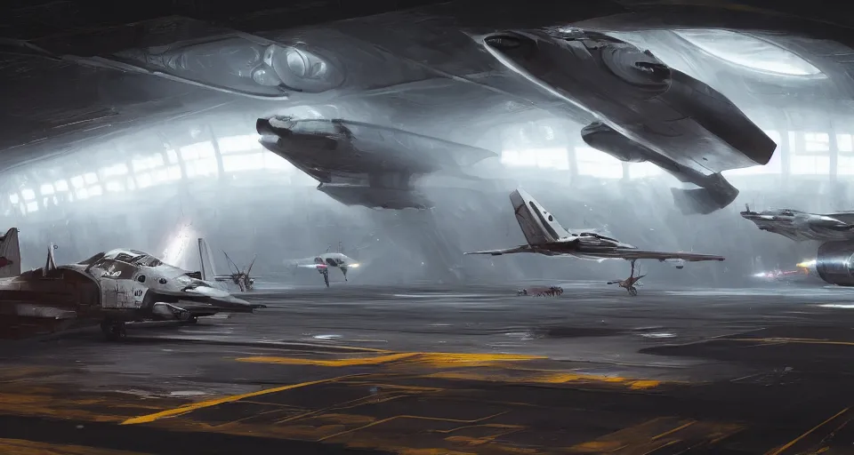 Image similar to photo 5 0 s, inside the hangar of a starship, pilots run towards a fighter craft, in the style of coriolis rpg, realistic, dark sci - fi, by rutkowski, 8 k, artstation