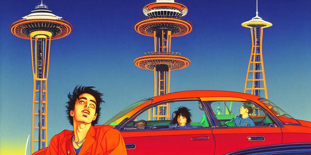 Image similar to playboi carti posing in front of the space needle, acid and dreaming psychedelic hallucinations, by kawase hasui, moebius and edward hopper, colorful flat surreal design, hd, 8 k, artstation