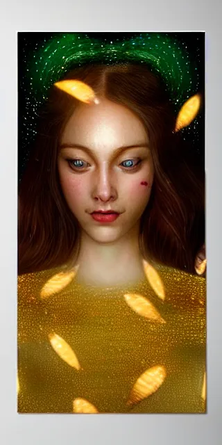 Image similar to young woman surrounded by golden firefly lights in a mesmerizing scene, amidst nature fully covered by a intricate detailed dress, long loose red hair, precise linework, accurate green eyes, small nose with freckles, smooth oval shape face, empathic, bright smile, expressive emotions, hyper realistic ultrafine art by artemisia gentileschi, jessica rossier, boris vallejo