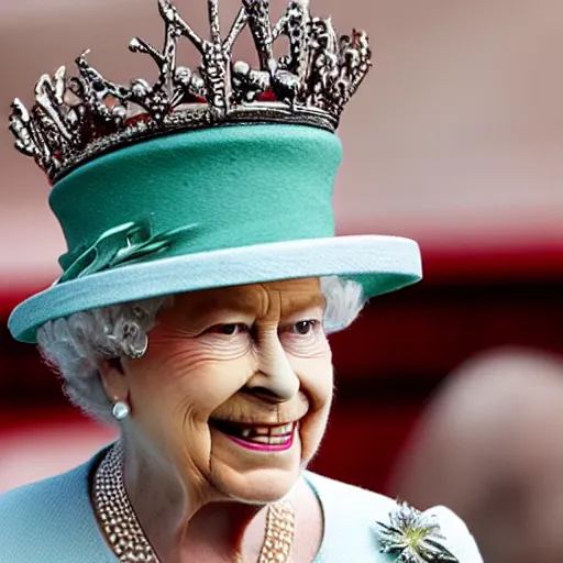 Image similar to the queen of england as reptile, big reptilian eyes, reptiloid