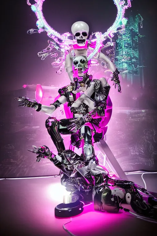 Image similar to full-body rococo and cyberpunk style neon statue of a young attractive mexicano macho chacal android reclining sim roupa con camote, glowing white laser eyes, prince crown of pink gears, diamonds, swirling silver-colored silk fabric. futuristic elements. full-length view. space robots. human skulls. intricate artwork by caravaggio. Trending on artstation, octane render, cinematic lighting from the right, hyper realism, octane render, 8k, depth of field, 3D