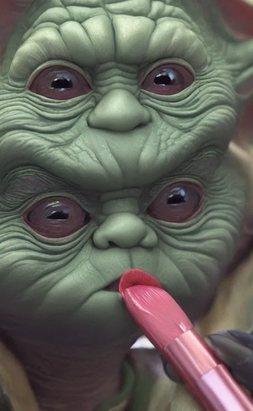 Prompt: beautiful detailed photorealistic painting of yoda putting on makeup. having a makeover. putting on lipstick. beauty. makeover. hq, hd. detailed. trending on artstation