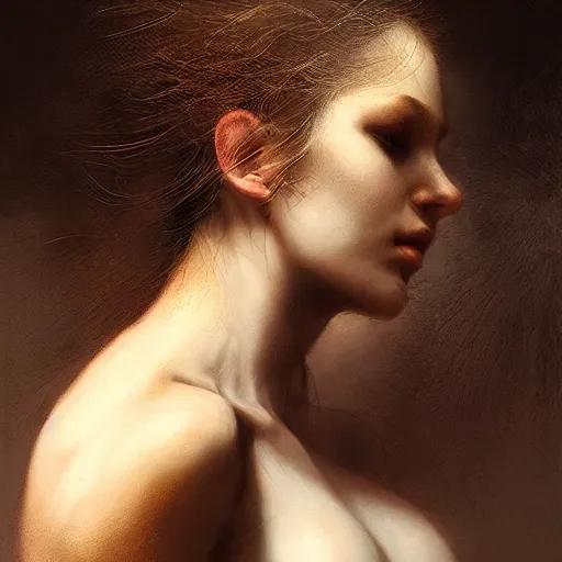 Prompt: breathtaking detailed soft painting of your head turns away, the new love, your head turns back, the novel love, rembrandt style, elegant, highly detailed, artstation, concept art, matte, sharp focus, art by luis royo and seb mckinnon, and greg rutkowski