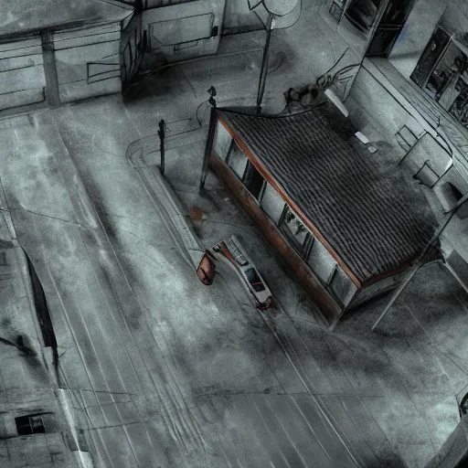 Prompt: playstation 5 screenshot of silent hill, overhead view, realistic, artstation, digital art