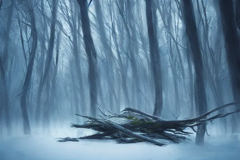 Prompt: fallen tree in a forest, winter, sci-fi, cinematic lighting, greg rutkowski