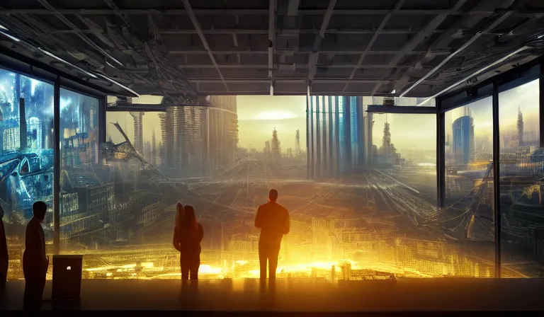 Prompt: large group of people in walled warehouse, looking at hologram of futuristic city on a table, cinematic concept art, godrays, golden hour, natural sunlight, 4 k, clear details, tabletop model buildings, center model buildings, hologram center, crane shot, crane shot, crane shot