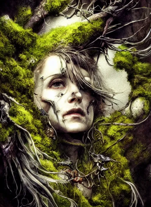 Image similar to portrait, bird skull, moss, driftwood, witches, watercolor, dramatic lighting, cinematic, establishing shot, extremely high detail, foto realistic, cinematic lighting, pen and ink, intricate line drawings, by Yoshitaka Amano, Ruan Jia, Kentaro Miura, Artgerm, post processed, concept art, artstation, matte painting, style by eddie mendoza, raphael lacoste, alex ross