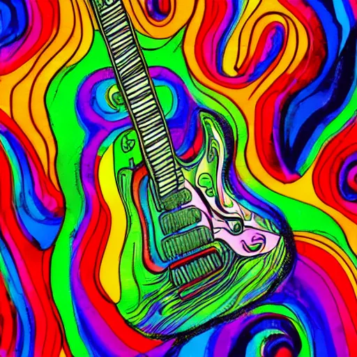 Image similar to psychedelic illustration of a guitar player melting on colors, alucination, trending on art station, masterpiece