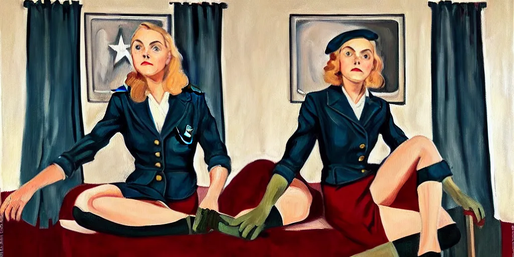 Prompt: oil painting of annasophia robb in a WWII uniform putting on stockings, teaching you a lesson in a void room full of etwined arms, existential horror painted by Alice Neel,