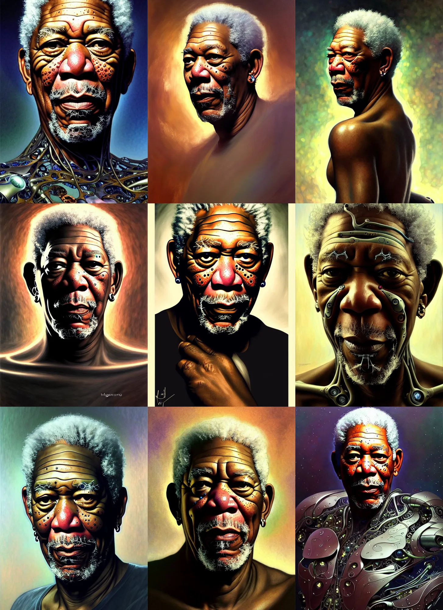 Prompt: morgan freeman as a organic cyborg, diffuse lighting, fantasy, intricate, elegant, highly detailed, lifelike, photorealistic, digital painting, artstation, illustration, concept art, smooth, sharp focus, art by john collier and albert aublet and krenz cushart and artem demura and alphonse mucha