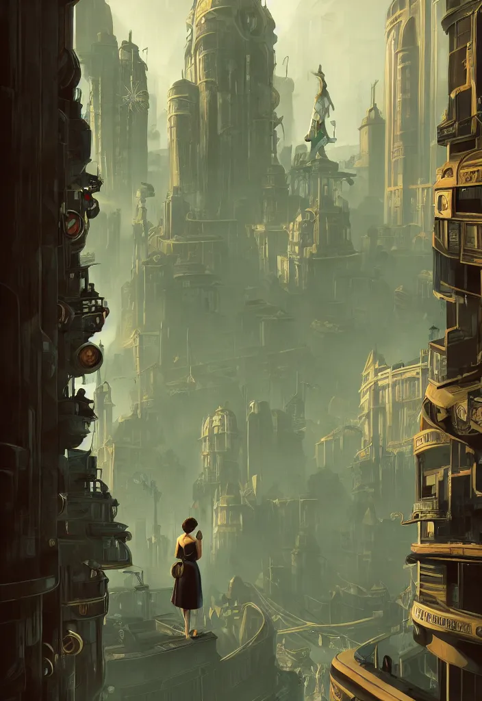 Image similar to a concept art painting of art deco bioshock style city with a woman with back to camera looking out of a window by tuomas korpi, pablo carpio, gilles beloeil, cedric peyravernay, 1 9 6 0's, trending on artstation, highly detailed, atmospheric, directional lighting, cinematic