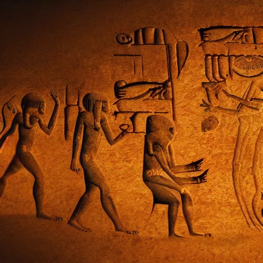 Prompt: realistic render of a group of alien monsters looking hieroglyphs, cinematic lighting