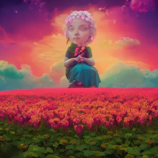 Image similar to giant rose flower as a head, full body girl sitting in a flower field, surreal photography, sunrise, dramatic light, impressionist painting, colorful clouds, digital painting, artstation, simon stalenhag